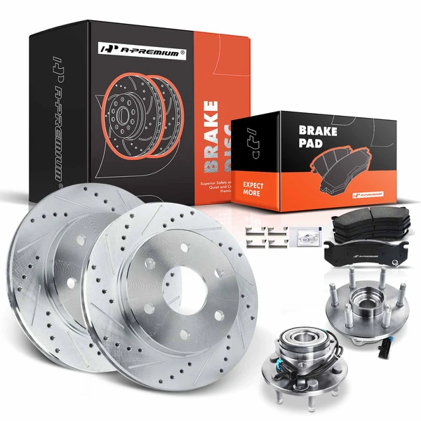 8 Pcs Front Drilled Brake Rotor & Pads + Wheel Hub Bearing for Cadillac Chevy AWD