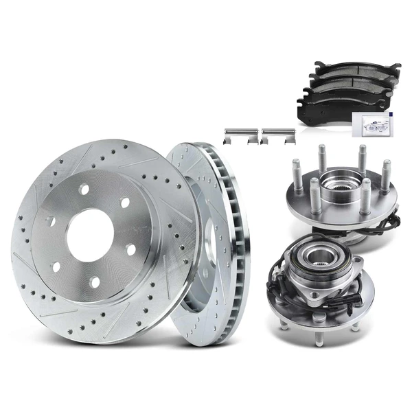 8 Pcs Front Drilled Brake Rotor & Pads + Wheel Hub Bearing for Chevrolet Silverado GMC Sierra
