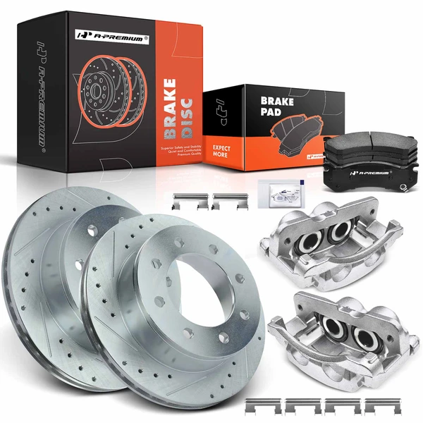 8 Pcs Rear Drilled Brake Rotors & Pads + Brake Calipers for Chevrolet Silverado 2500 HD GMC