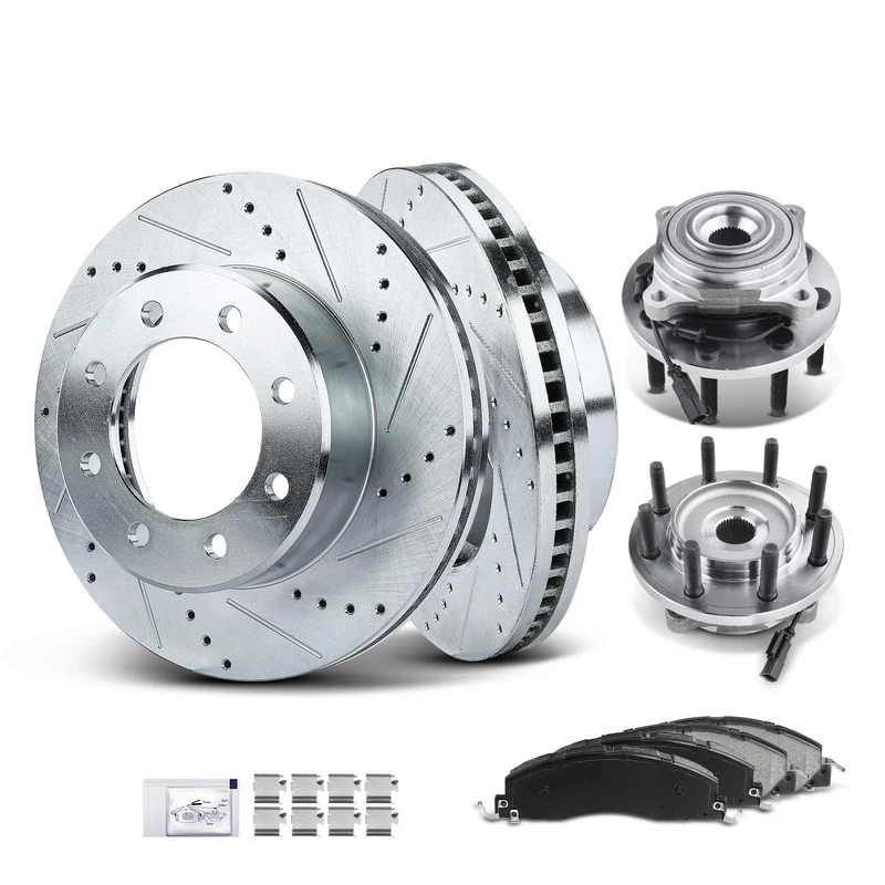 8 Pcs Front Drilled Brake Rotor & Pads + Wheel Hub Bearing for Dodge Ram 2500 3500 09-11 4WD