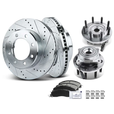 8 Pcs Front Drilled Brake Rotor & Pads + Wheel Hub Bearing