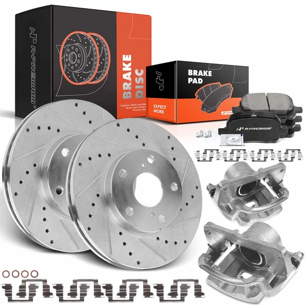 8 Pcs Front Drilled Brake Rotors & Pads + Brake Calipers for Toyota Camry 97-01 Lexus ES300