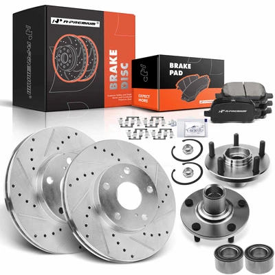 8 Pcs Front Drilled Brake Rotor & Pads + Wheel Hub Bearing