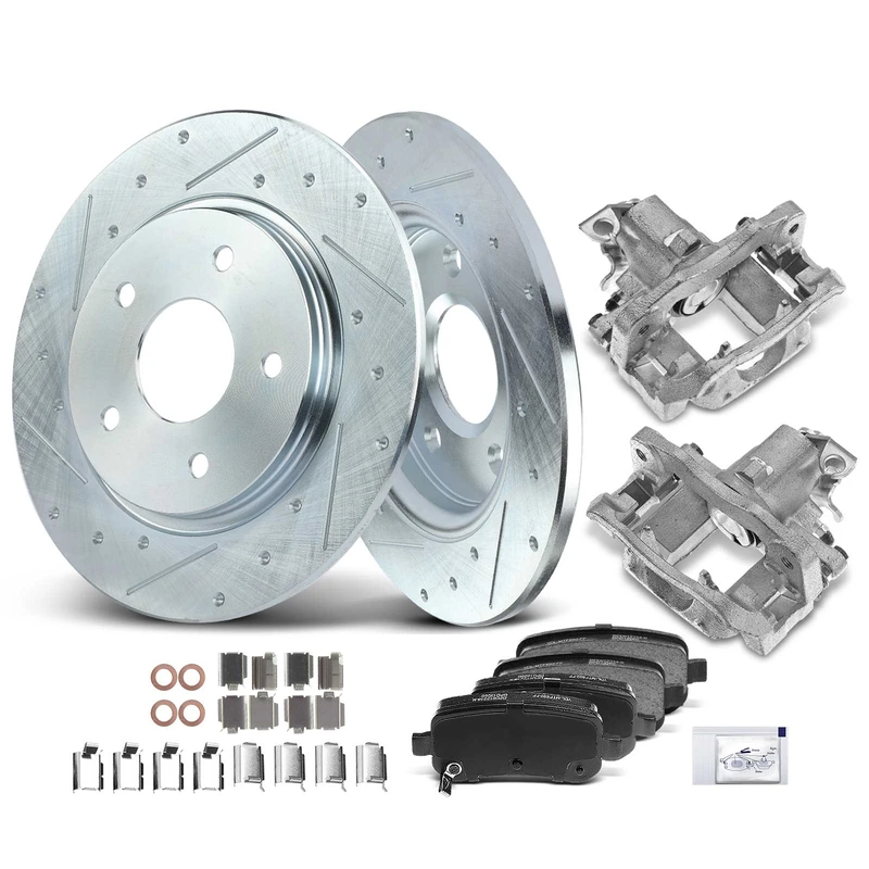 8 Pcs Rear Drilled Brake Rotors & Pads + Brake Calipers for Chrysler Dodge Grand Caravan 08-11