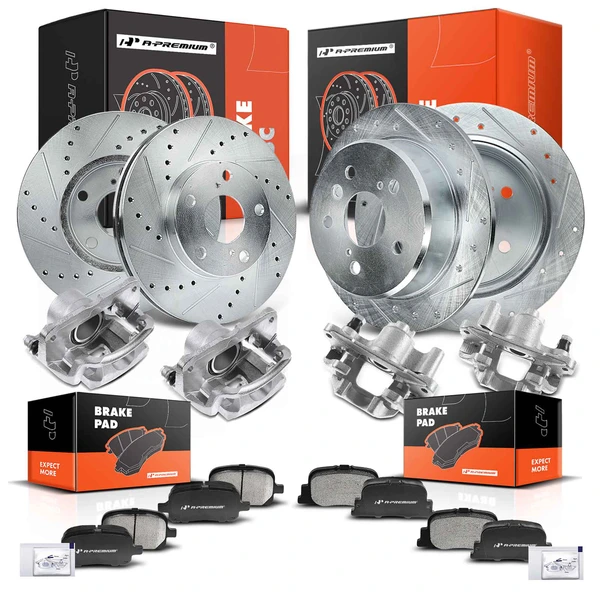 16 Pcs Front & Rear Drilled Brake Rotors & Pads + Brake Calipers for Toyota Camry 00-01
