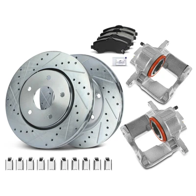 8 Pcs Front Drilled Brake Rotors & Pads + Brake Calipers