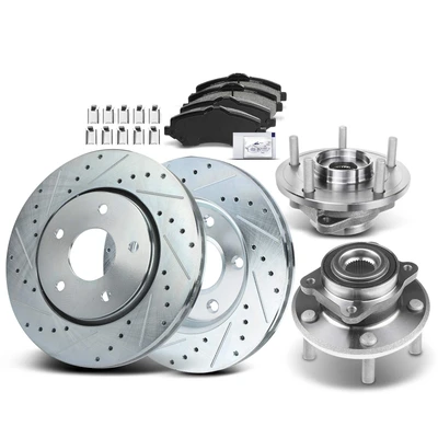 8 Pcs Front Drilled Brake Rotor & Pads + Wheel Hub Bearing