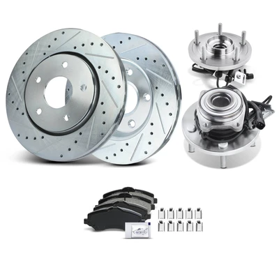 8 Pcs Front Drilled Brake Rotor & Pads + Wheel Hub Bearing
