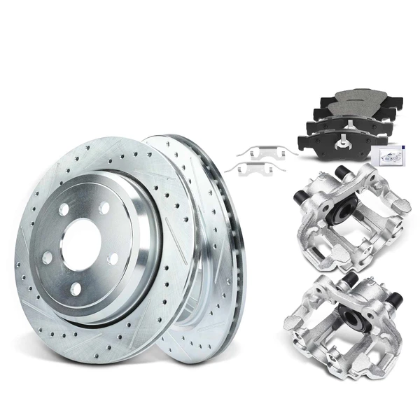 8 Pcs Rear Drilled Brake Rotors & Pads + Brake Calipers for Dodge Durango Jeep Grand Cherokee 11-17