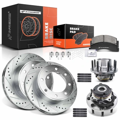 8 Pcs Front Drilled Brake Rotor & Pads + Wheel Hub Bearing