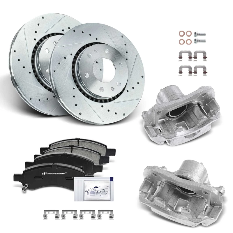 8 Pcs Front Drilled Brake Rotors & Pads + Brake Calipers for Chevy GMC Buick Isuzu Saab