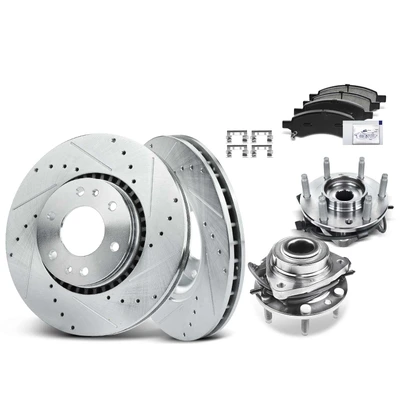 8 Pcs Front Drilled Brake Rotor & Pads + Wheel Hub Bearing