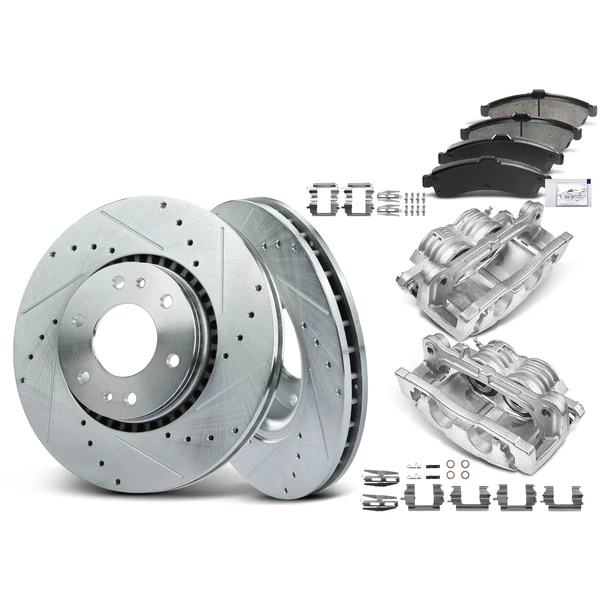 8 Pcs Front Drilled Brake Rotors & Pads + Brake Calipers for Chevy GMC Envoy Buick Rainier