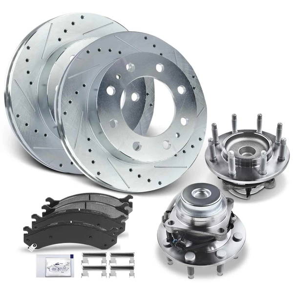 8 Pcs Front Drilled Brake Rotor & Pads + Wheel Hub Bearing for Chevy Express 2500 GMC Savana