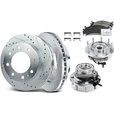8 Pcs Front Drilled Brake Rotor & Pads + Wheel Hub Bearing