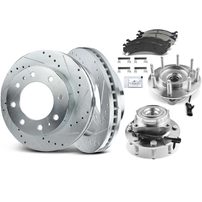 8 Pcs Front Drilled Brake Rotor & Pads + Wheel Hub Bearing