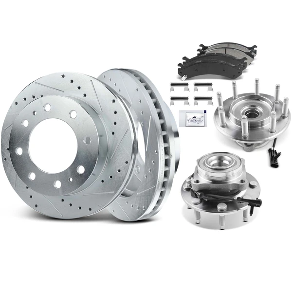 8 Pcs Front Drilled Brake Rotor & Pads + Wheel Hub Bearing for Chevy Silverado GMC Sierra 4WD