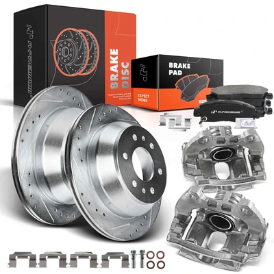 8 Pcs Rear Drilled Brake Rotors & Pads + Brake Calipers