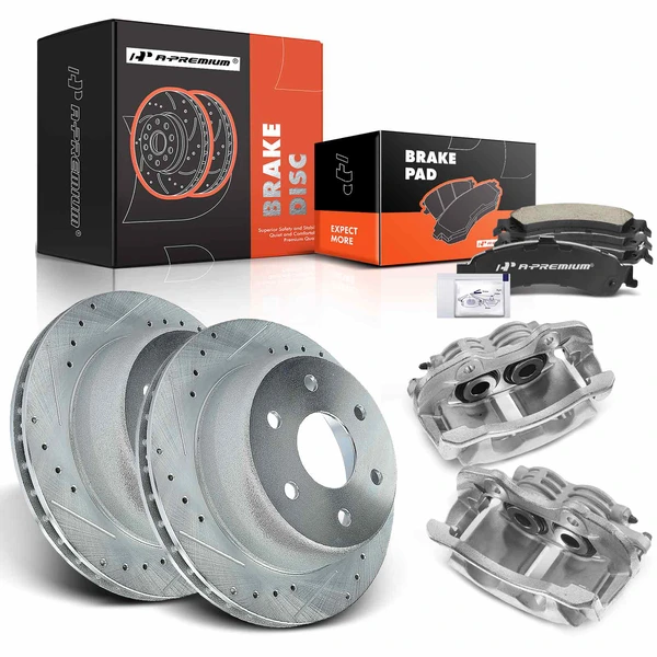 8 Pcs Rear Drilled Brake Rotors & Pads + Brake Calipers for Chevrolet Suburban GMC Sierra