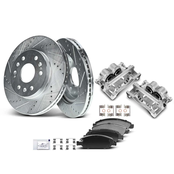 8 Pcs Front Drilled Brake Rotors & Pads + Brake Calipers for Chevy GMC Sierra