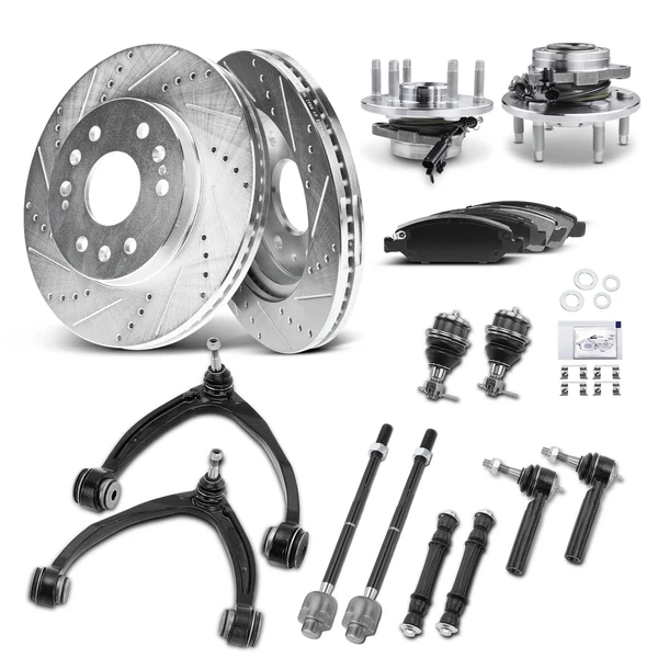 18 Pcs Front Drilled Brake Rotors & Pads + Wheel Hubs + Control Arm Kit for Chevy GMC