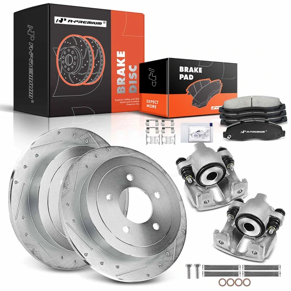 8 Pcs Rear Drilled Brake Rotors & Pads + Brake Calipers for Ford F-150 00-03 Expedition Lincoln