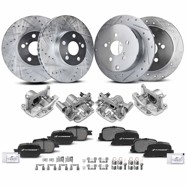 16 Pcs Front & Rear Drilled Brake Rotors & Pads + Brake Calipers for 2005-2010 Scion tC