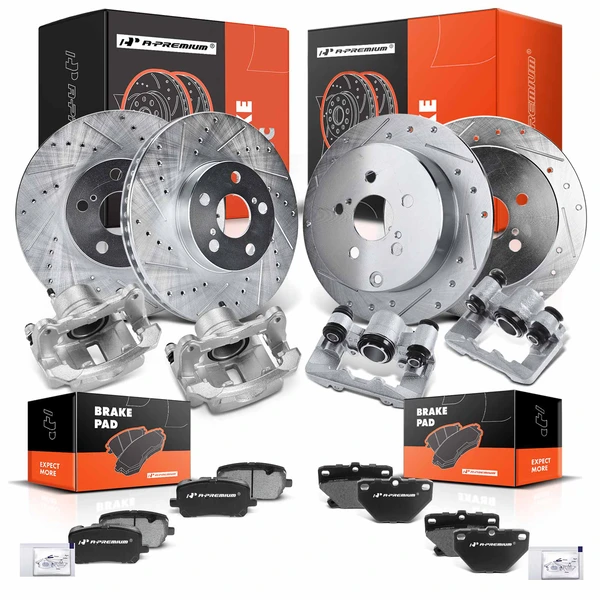 16 Pcs Front & Rear Drilled Brake Rotors & Pads + Brake Calipers for Toyota Pontiac