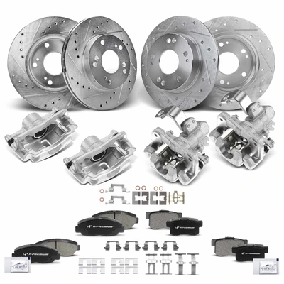 16 Pcs Front & Rear Drilled Brake Rotors & Pads + Brake Calipers