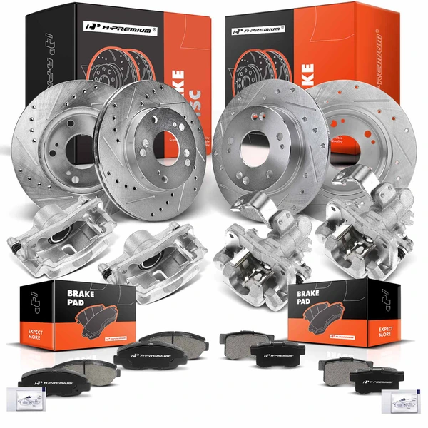 16 Pcs Front & Rear Drilled Brake Rotors & Pads + Brake Calipers for Honda Civic 06-11