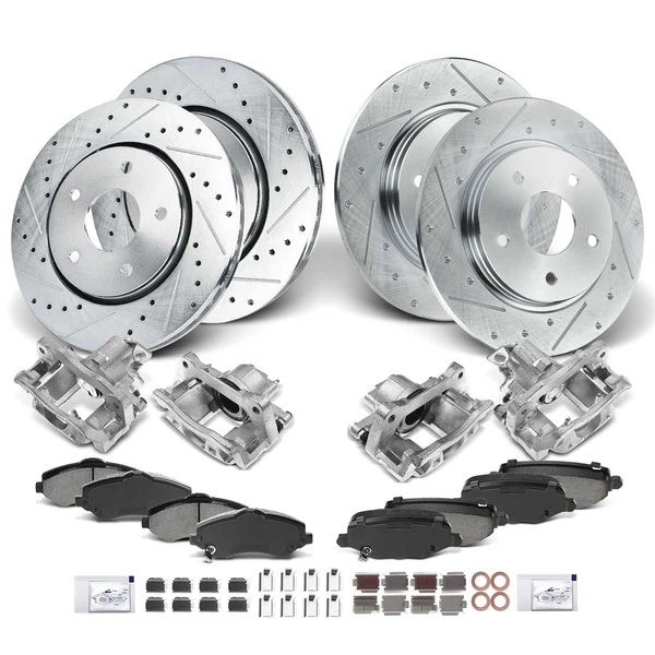 16 Pcs Front & Rear Drilled Brake Rotors & Pads + Brake Calipers for Chrysler Town & Country 2012
