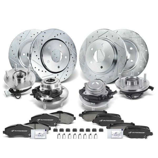 16 Pcs Front & Rear Drilled Brake Rotor & Pads + Wheel Hub Bearing for Chrysler Ram