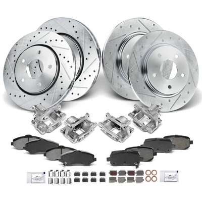 16 Pcs Front & Rear Drilled Brake Rotors & Pads + Brake Calipers
