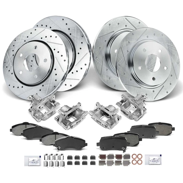 16 Pcs Front & Rear Drilled Brake Rotors & Pads + Brake Calipers for Chrysler Dodge