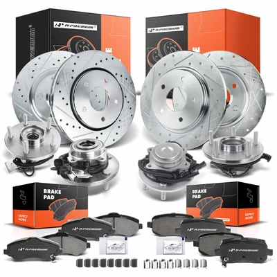 16 Pcs Front & Rear Drilled Brake Rotor & Pads + Wheel Hub Bearing