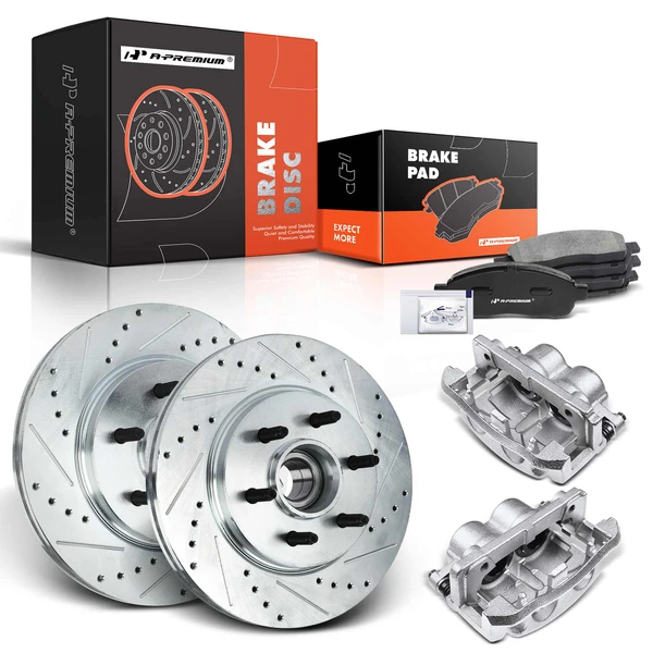 8 Pcs Front Drilled Brake Rotors & Pads + Brake Calipers for Ford F-150 Lincoln