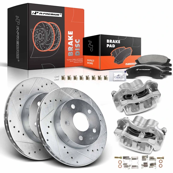 8 Pcs Front Drilled Brake Rotors & Pads + Brake Calipers for Jeep Grand Cherokee 99-04