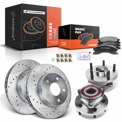 8 Pcs Front Drilled Brake Rotor & Pads + Wheel Hub Bearing