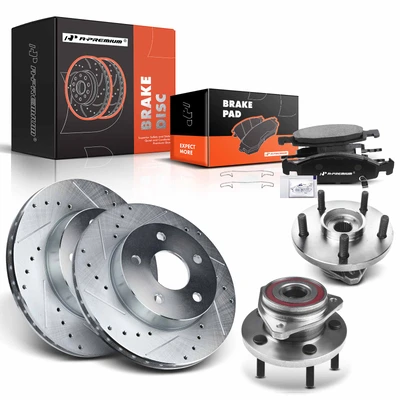 8 Pcs Front Drilled Brake Rotor & Pads + Wheel Hub Bearing