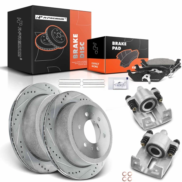 8 Pcs Rear Drilled Brake Rotors & Pads + Brake Calipers for Ford F-150 04-11 Lincoln