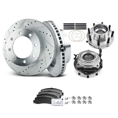 8 Pcs Front Drilled Brake Rotor & Pads + Wheel Hub Bearing
