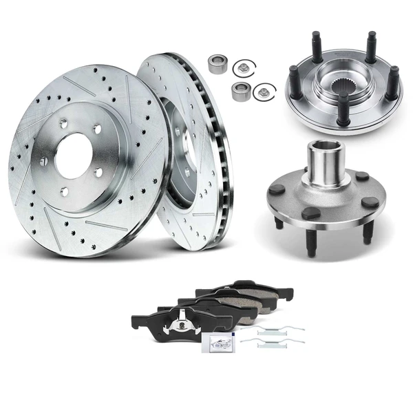 8 Pcs Front Drilled Brake Rotor & Pads + Wheel Hub Bearing for 2005-2010 Mercury Mariner