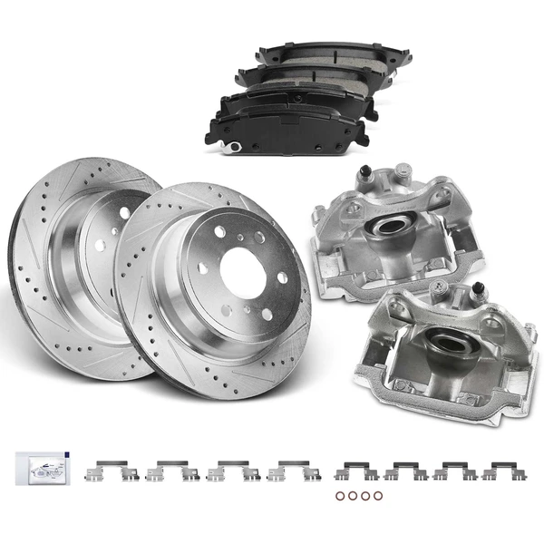 8 Pcs Rear Drilled Brake Rotors & Pads + Brake Calipers for 2015-2018 GMC Yukon XL