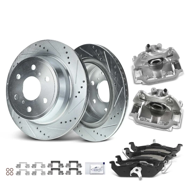 8 Pcs Rear Drilled Brake Rotors & Pads + Brake Calipers for 2007-2014 Cadillac Escalade ESV