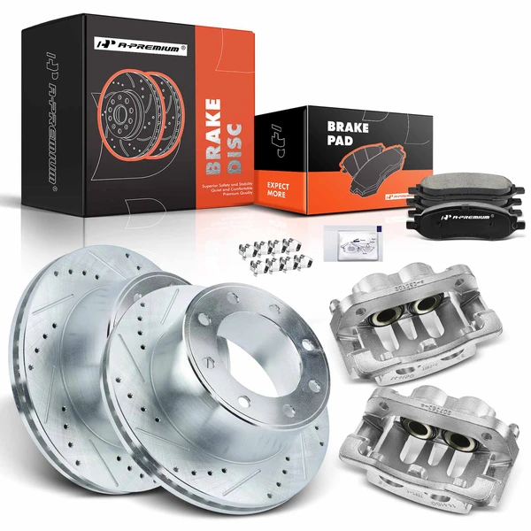 8 Pcs Rear Drilled Brake Rotors & Pads + Brake Calipers for Ford F-250 F-350 Super Duty SRW