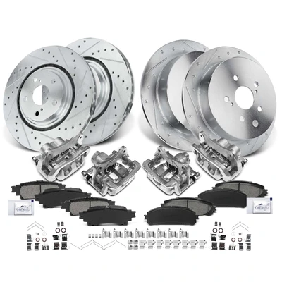 16 Pcs Front & Rear Drilled Brake Rotors & Pads + Brake Calipers