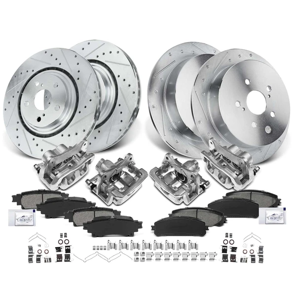 16 Pcs Front & Rear Drilled Brake Rotors & Pads + Brake Calipers for Lexus RX350 RX450h