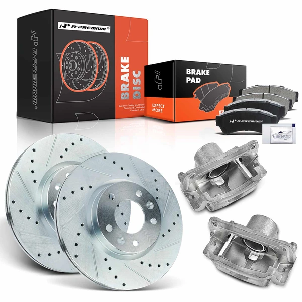 8 Pcs Front Drilled Brake Rotors & Pads + Brake Calipers for 2006-2011 Mercury Milan