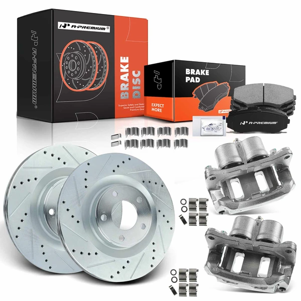 8 Pcs Front Drilled Brake Rotors & Pads + Brake Calipers for 2007-2010 Lincoln MKX