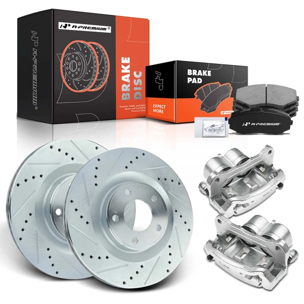 8 Pcs Front Drilled Brake Rotors & Pads + Brake Calipers for Ford Edge 11-14 Lincoln